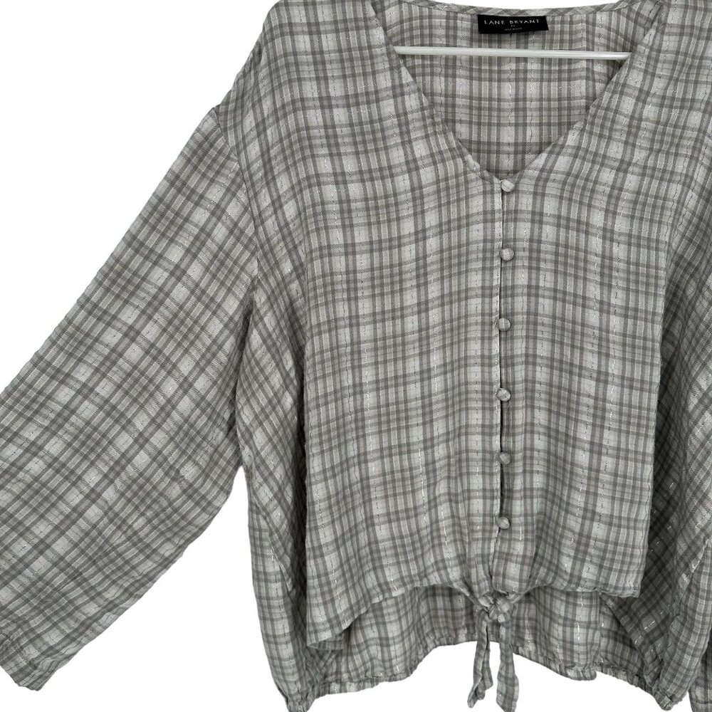 Lane Bryant Size 20 Long Sleeve Gray Plaid Sparkle Button Front Drawstring Waist
